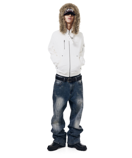 High Neck Fur Hoodie Zip-Up (White)