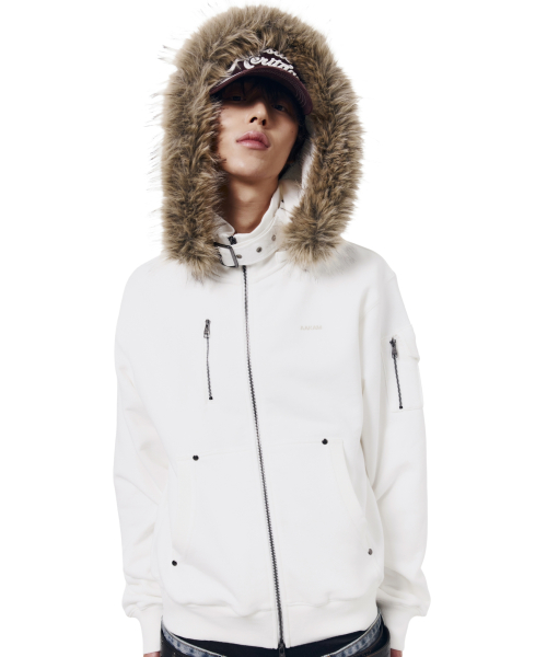 High Neck Fur Hoodie Zip-Up (White)