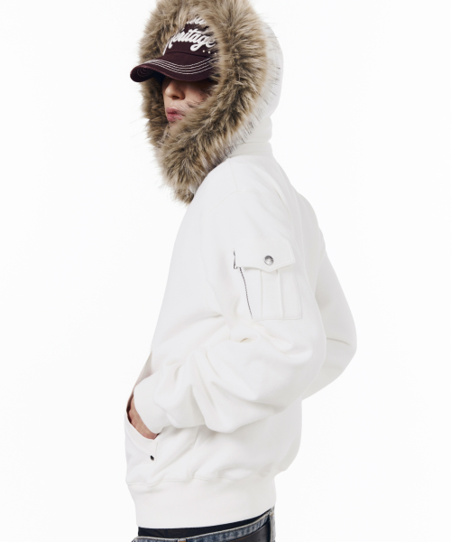 High Neck Fur Hoodie Zip-Up (White)