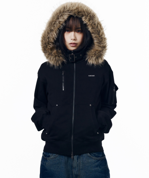 High Neck Fur Hoodie Zip-Up (Black)