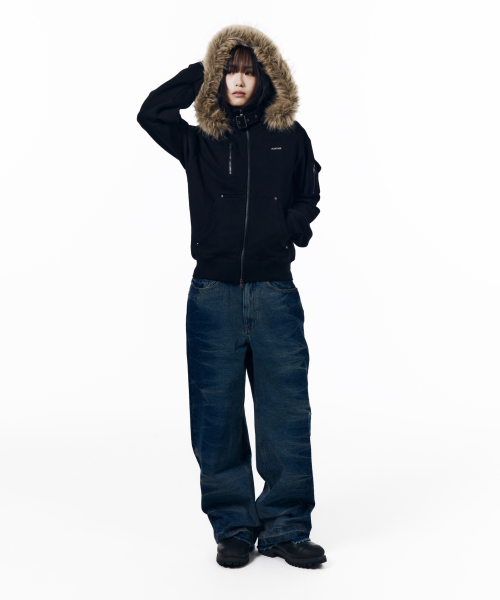 High Neck Fur Hoodie Zip-Up (Black)