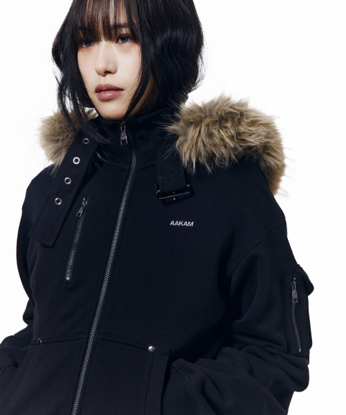 High Neck Fur Hoodie Zip-Up (Black)