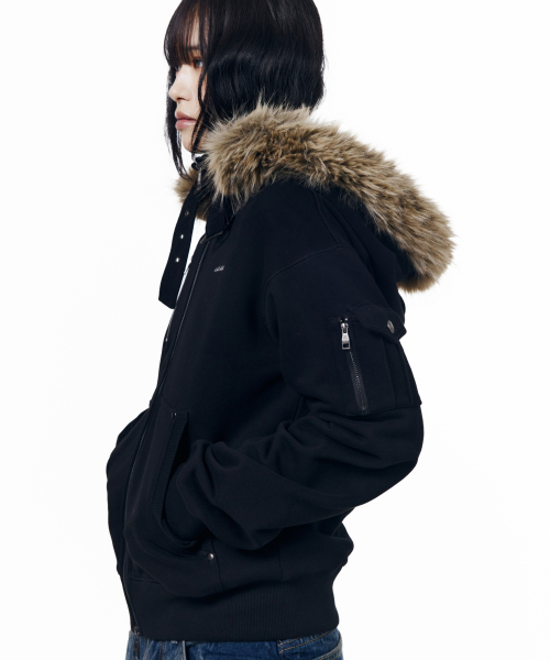 High Neck Fur Hoodie Zip-Up (Black)
