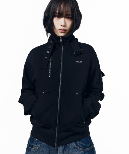 High Neck Fur Hoodie Zip-Up (Black)