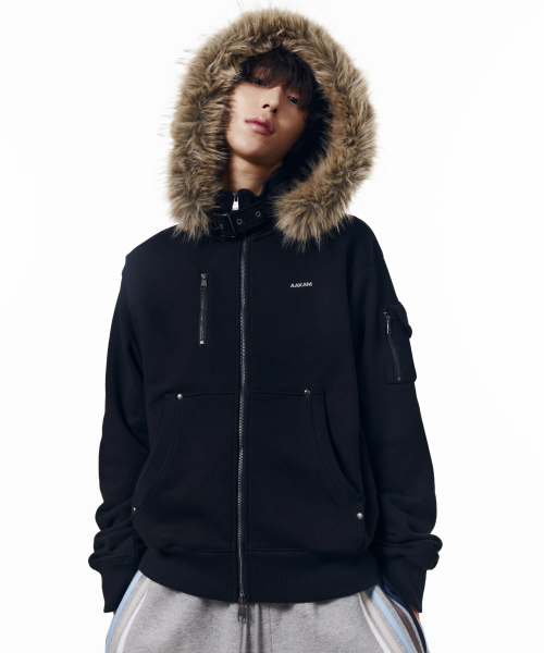 High Neck Fur Hoodie Zip-Up (Black)