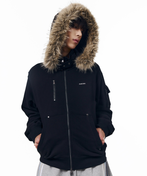 High Neck Fur Hoodie Zip-Up (Black)