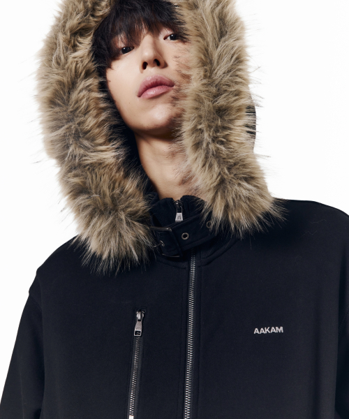 High Neck Fur Hoodie Zip-Up (Black)