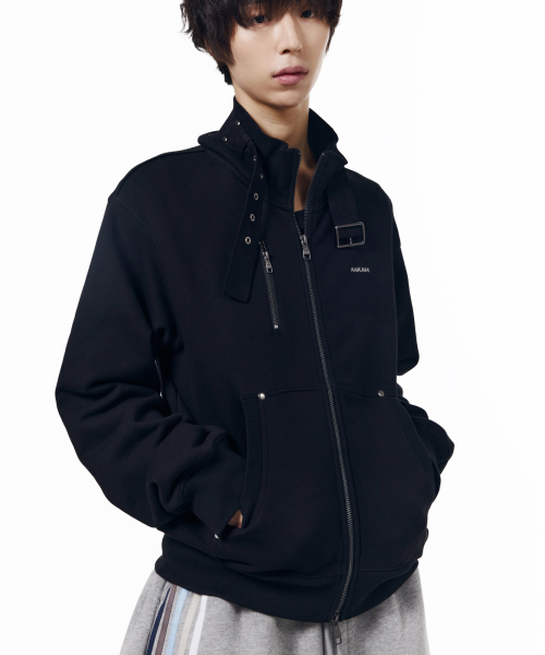 High Neck Fur Hoodie Zip-Up (Black)