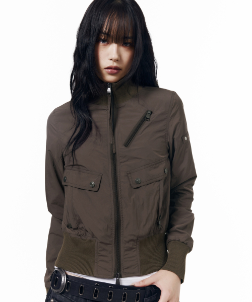 High Neck Nylon Blouson (Brown)
