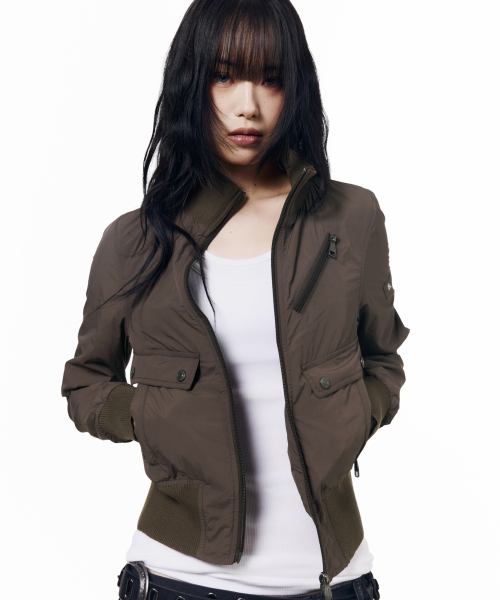 High Neck Nylon Blouson (Brown)
