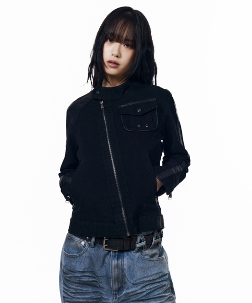 Slant Leather Patch Jacket (Beige)