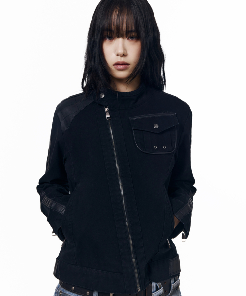 Slant Leather Patch Jacket (Beige)
