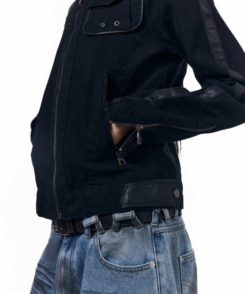 Slant Leather Patch Jacket (Beige)