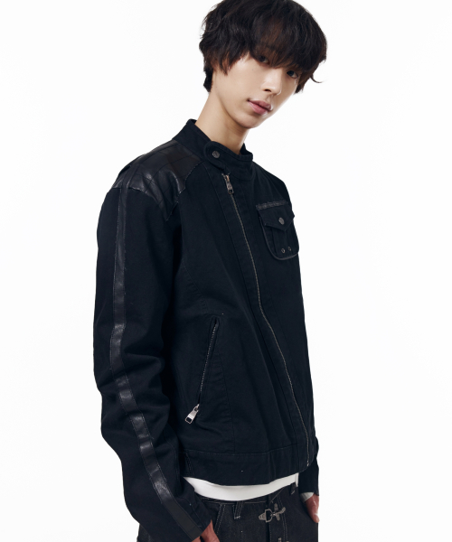 Slant Leather Patch Jacket (Beige)