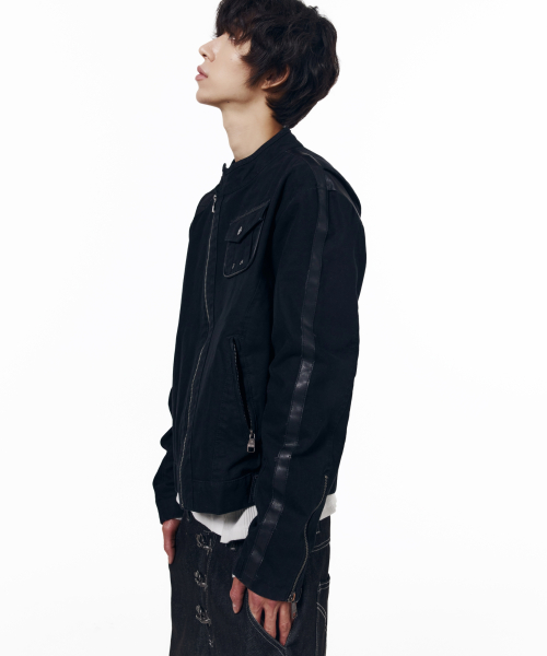 Slant Leather Patch Jacket (Beige)