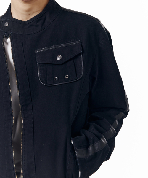 Slant Leather Patch Jacket (Beige)