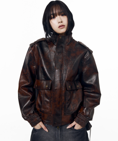 Epaulet High Neck Leather Jacket (Brown)
