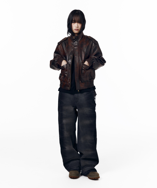 Epaulet High Neck Leather Jacket (Brown)