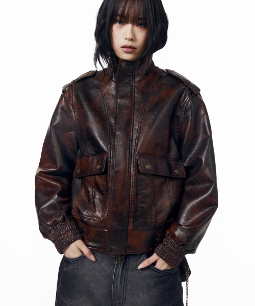 Epaulet High Neck Leather Jacket (Brown)