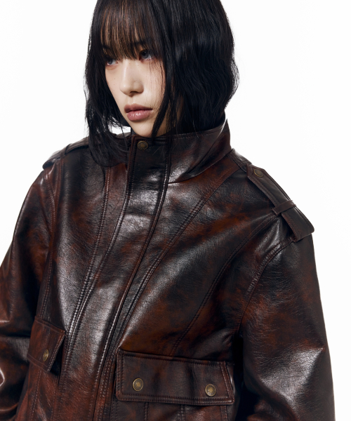 Epaulet High Neck Leather Jacket (Brown)