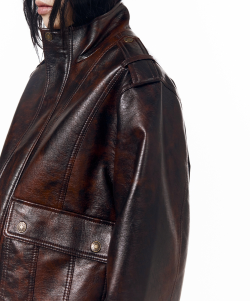 Epaulet High Neck Leather Jacket (Brown)