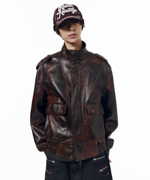 Epaulet High Neck Leather Jacket (Brown)
