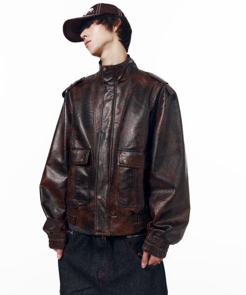 Epaulet High Neck Leather Jacket (Brown)