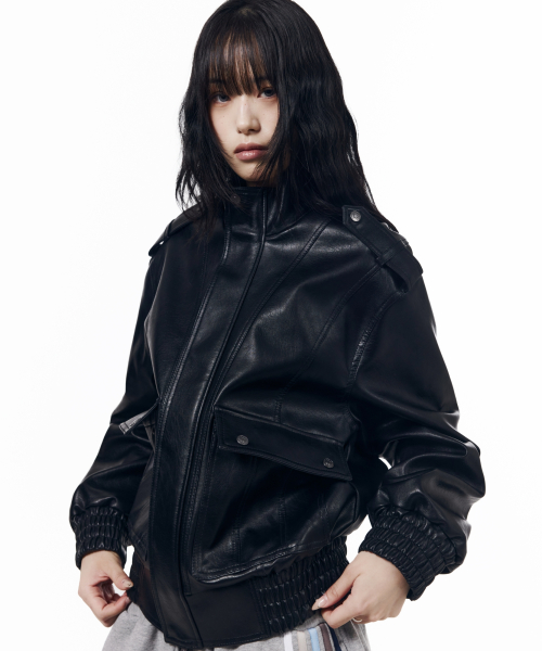 Epaulet High Neck Leather Jacket (Black)