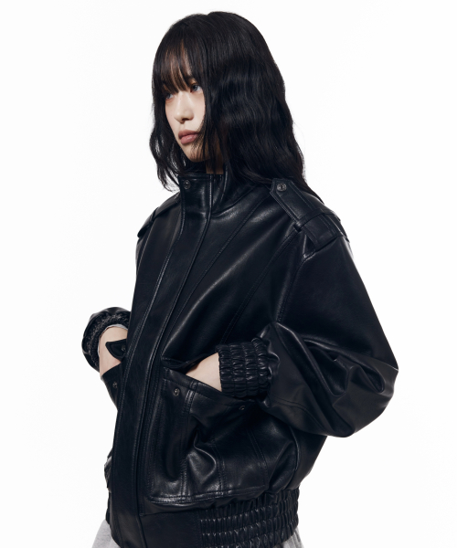 Epaulet High Neck Leather Jacket (Black)