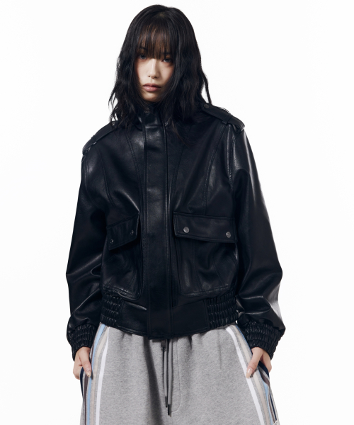 Epaulet High Neck Leather Jacket (Black)