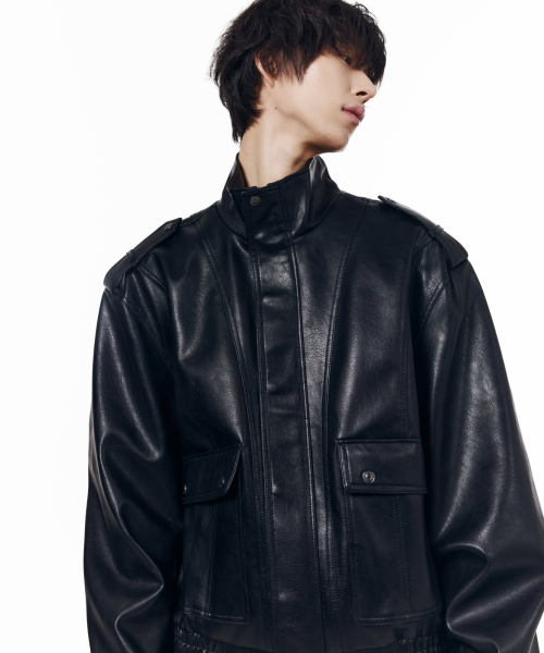 Epaulet High Neck Leather Jacket (Black)