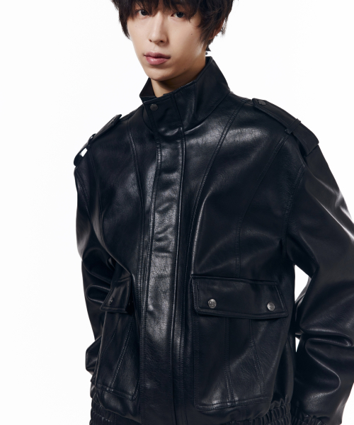 Epaulet High Neck Leather Jacket (Black)