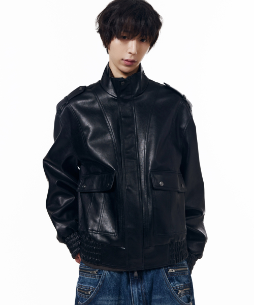 Epaulet High Neck Leather Jacket (Black)