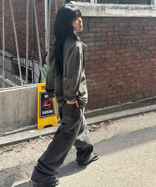 워시드 커브드 데님 팬츠[블랙]
