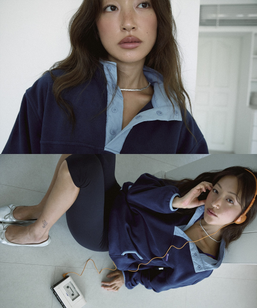 폴라텍 컬러블록 플리스 아노락 Navy