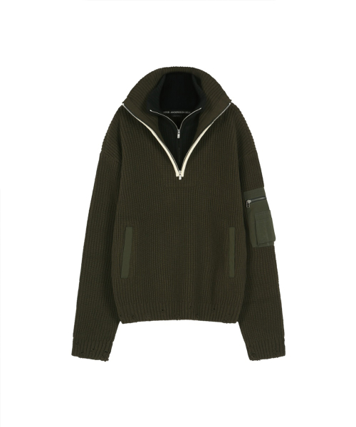 DOUBLE LAYERED QUARTER ZIP-UP SWEATER (KHAKI/BLACK)