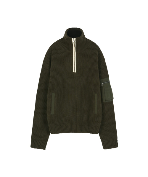 DOUBLE LAYERED QUARTER ZIP-UP SWEATER (KHAKI/BLACK)