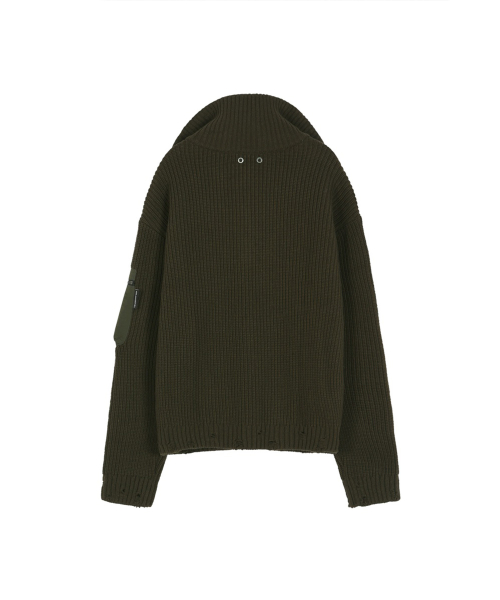 DOUBLE LAYERED QUARTER ZIP-UP SWEATER (KHAKI/BLACK)