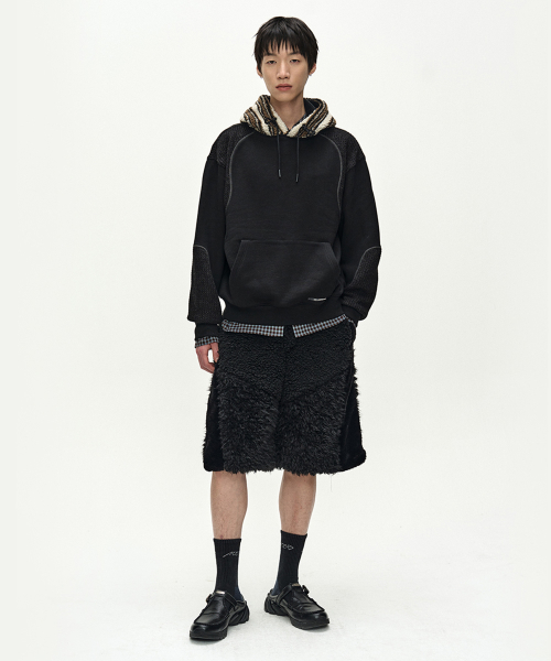 UNISEX KNIT PANEL FLEECE HOODIE (BLACK)