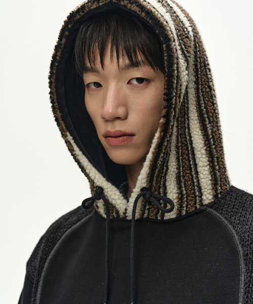 UNISEX KNIT PANEL FLEECE HOODIE (BLACK)
