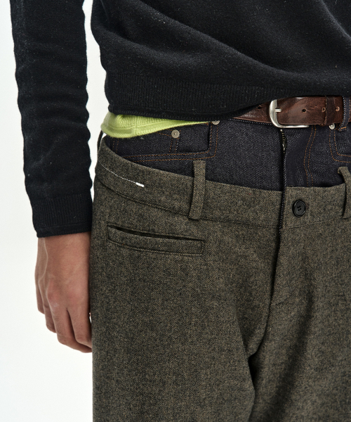 DOUBLE WAIST DENIM WOOL TROUSERS (GREY/INDIGO)