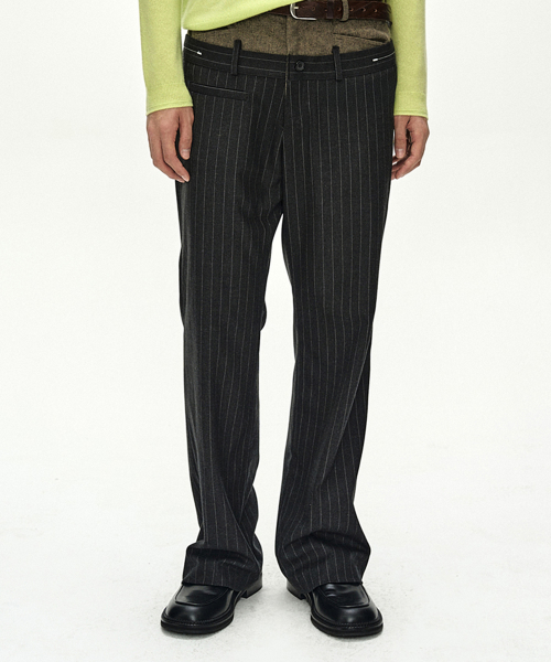 DOUBLE WAIST STRIPE WOOL TROUSERS (DARK GREY/BEIGE)