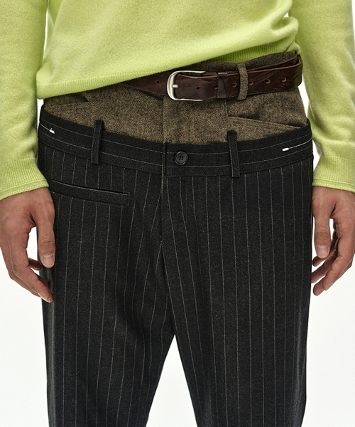 DOUBLE WAIST STRIPE WOOL TROUSERS (DARK GREY/BEIGE)