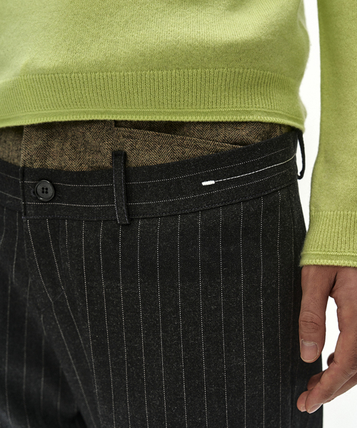 DOUBLE WAIST STRIPE WOOL TROUSERS (DARK GREY/BEIGE)