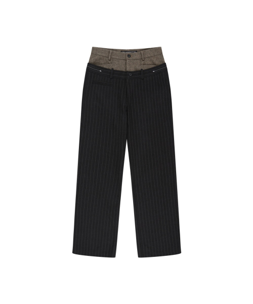 DOUBLE WAIST STRIPE WOOL TROUSERS (DARK GREY/BEIGE)