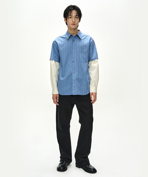 SLEEVE LAYERED STRIPE SHIRT (BLUE STRIPE)