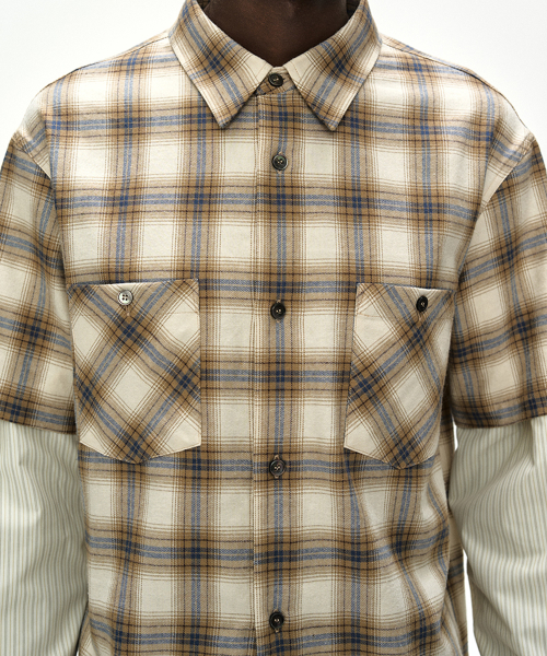 SLEEVE LAYERED CHECK SHIRT (IVORY STRIPE)