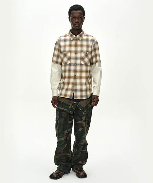 SLEEVE LAYERED CHECK SHIRT (IVORY STRIPE)