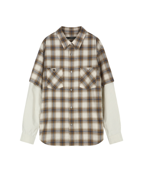 SLEEVE LAYERED CHECK SHIRT (IVORY STRIPE)