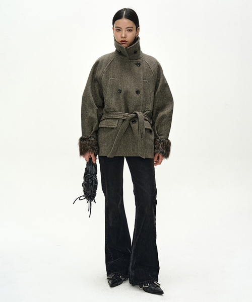 FUR CUFF HIGH NECK COAT (BROWN)